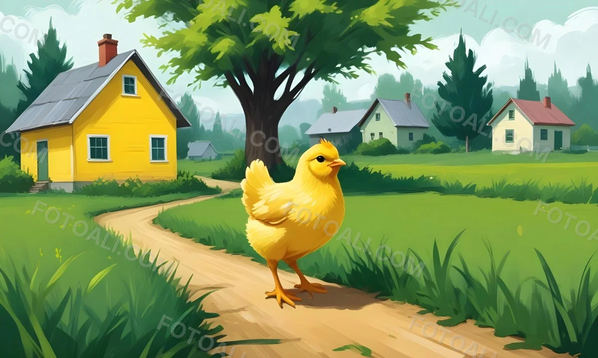 A Yellow Chick In A Green Field With A House In The Background A Path Leading To The House And A Tree Branch With Green Leaves 3 Eff3