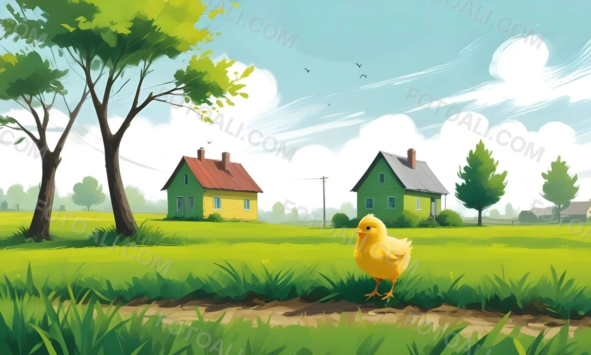 A Yellow Chick In A Green Field With A House In The Background A Path Leading To The House And A Tree Branch With Green Leaves 4 F86a
