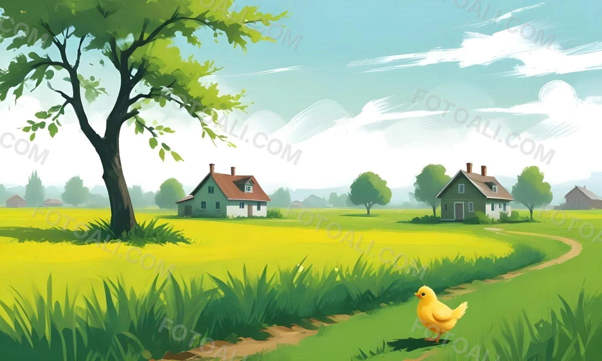 A Yellow Chick In A Green Field With A House In The Background A Path Leading To The House And A Tree Branch With Green Leaves 5 B7fa