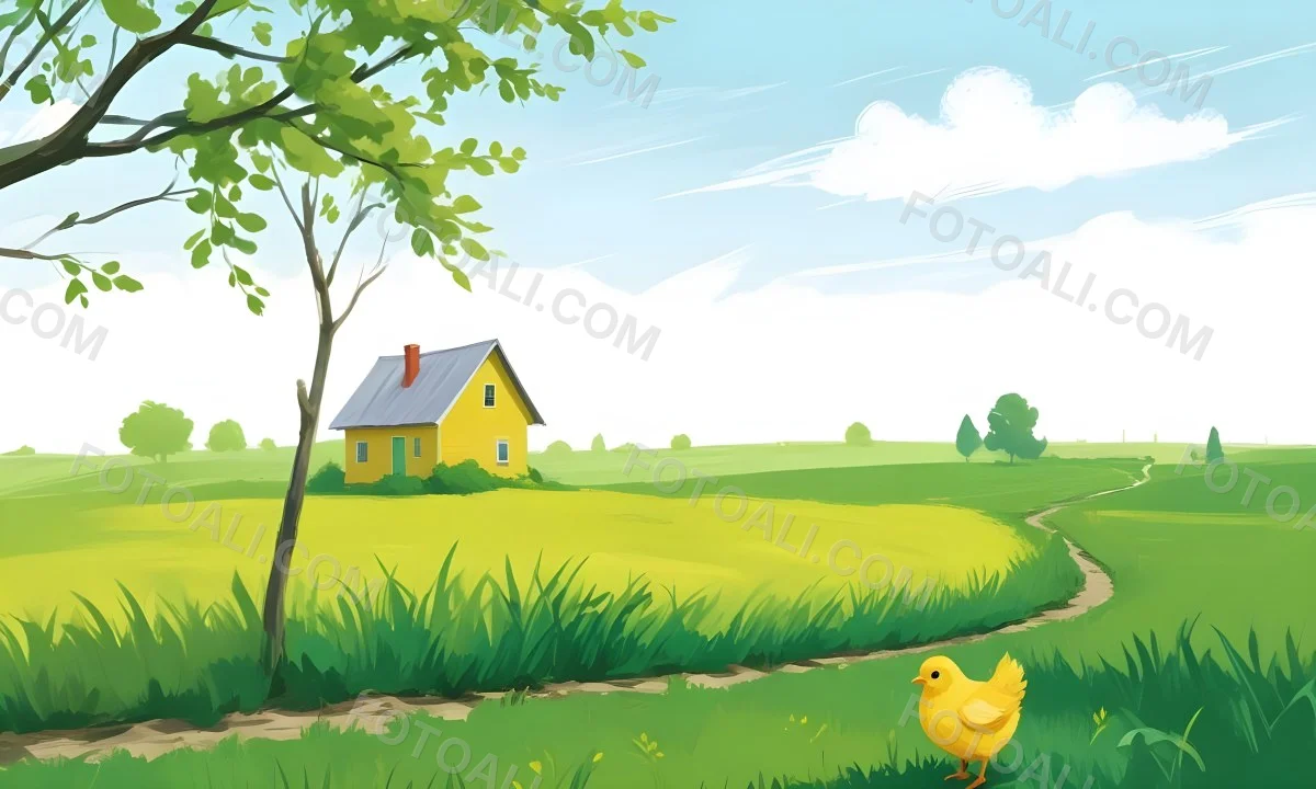 A Yellow Chick In A Green Field With A House In The Background A Path Leading To The House And A Tree Branch With Green Leaves 6 29b1
