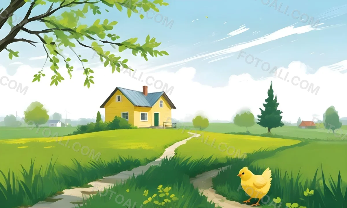 A Yellow Chick In A Green Field With A House In The Background A Path Leading To The House And A Tree Branch With Green Leaves 7 C16b