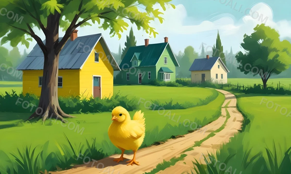 A Yellow Chick In A Green Field With A House In The Background A Path Leading To The House And A Tree Branch With Green Leaves 8 345e