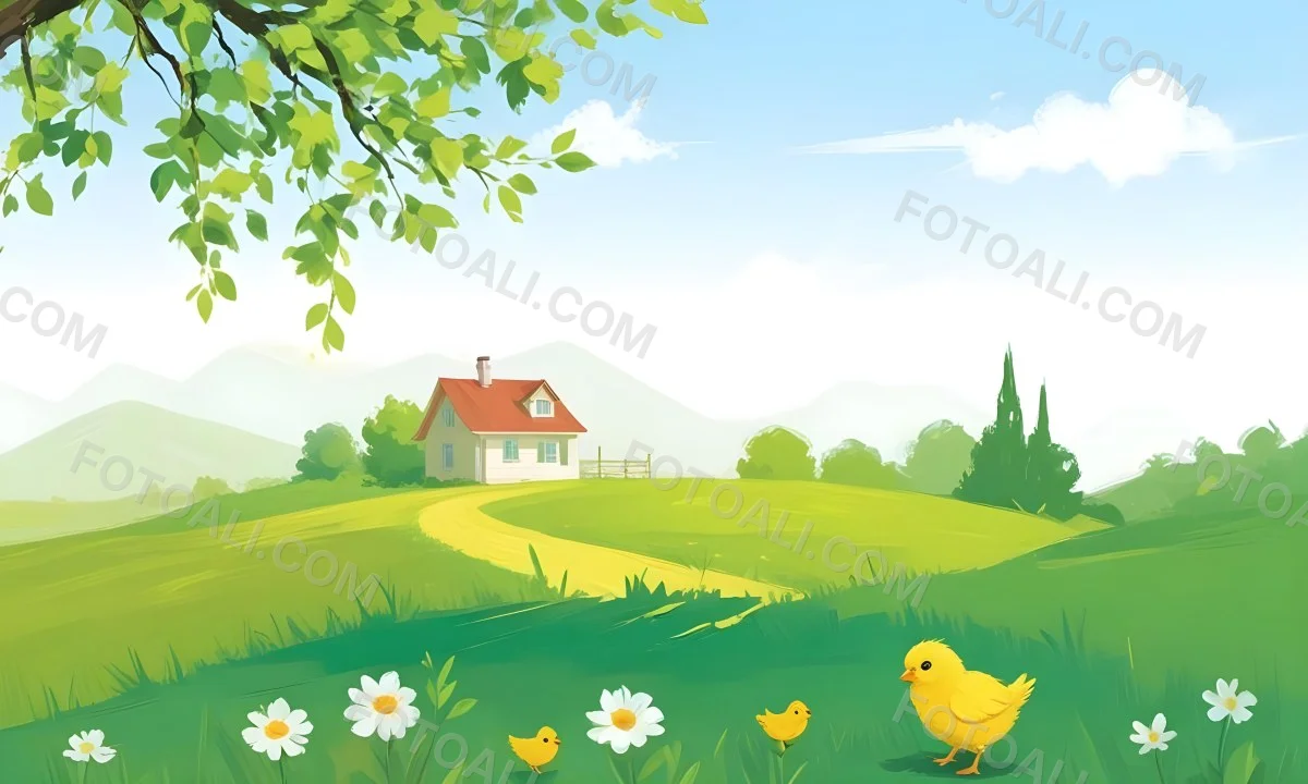 A Yellow Chick In A Green Field With A House In The Background A Path Leading To The House And A Tree Branch With Green Leaves 9 6530