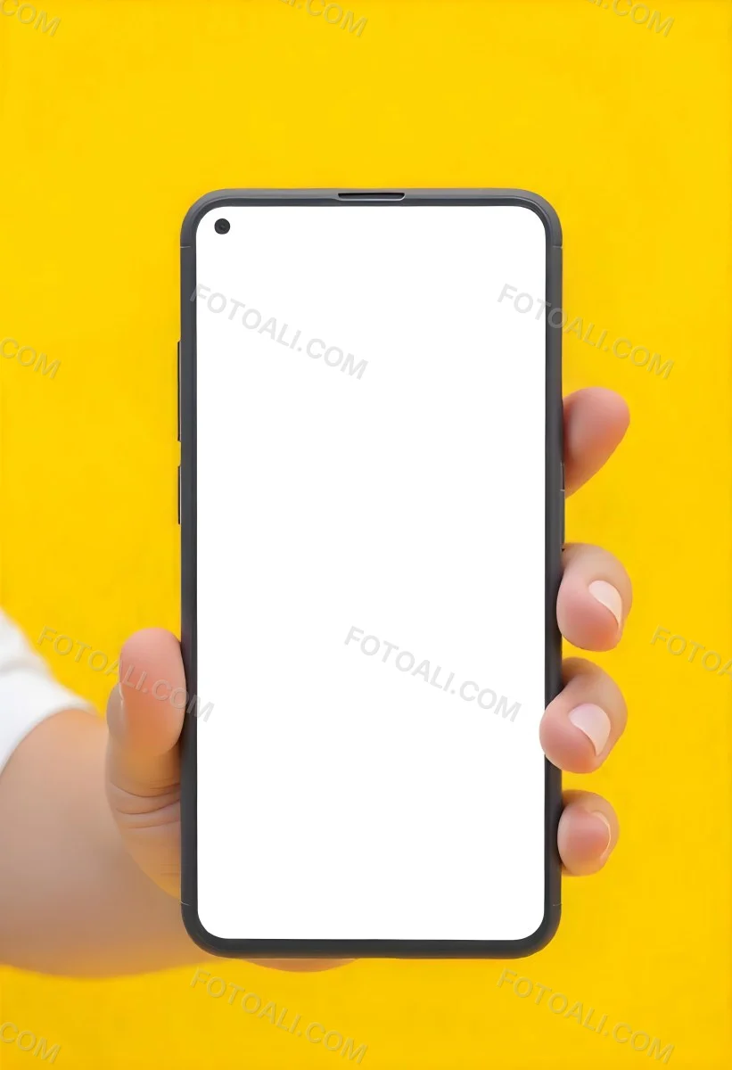 A Yellow Hand Holding A Smartphone With A Yellow Screen In Front Of A White Background 5 D147