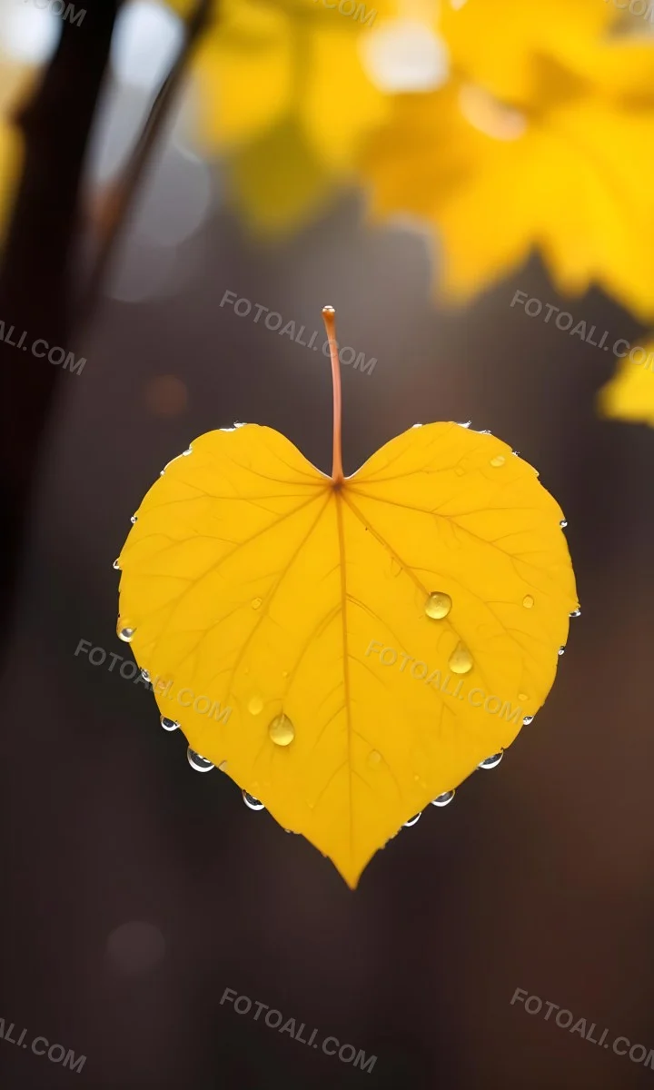 A Yellow Heart Shaped Leaf With Water Droplets On A Blurred Autumn Background 10 Eb2b