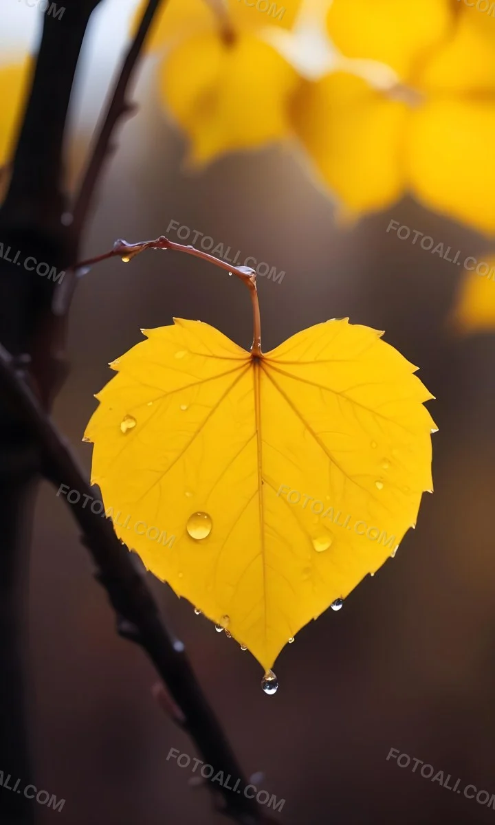A Yellow Heart Shaped Leaf With Water Droplets On A Blurred Autumn Background 11 54fe