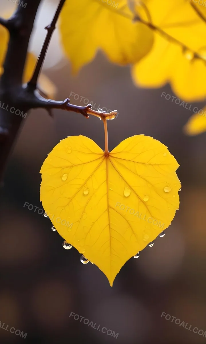 A Yellow Heart Shaped Leaf With Water Droplets On A Blurred Autumn Background 12 78d9