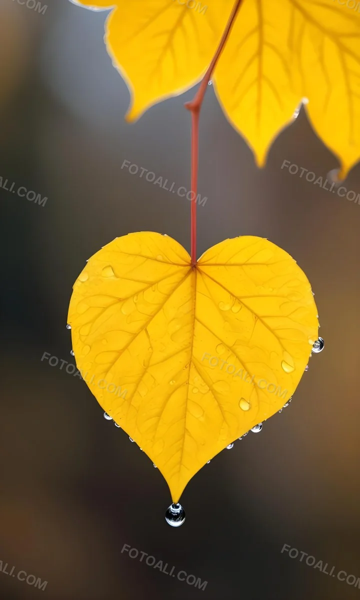 A Yellow Heart Shaped Leaf With Water Droplets On A Blurred Autumn Background 13 E897
