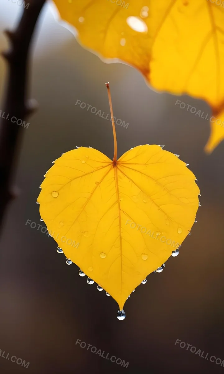 A Yellow Heart Shaped Leaf With Water Droplets On A Blurred Autumn Background 3 6064