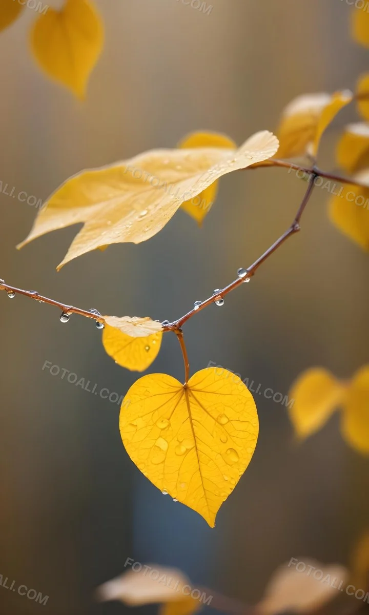 A Yellow Heart Shaped Leaf With Water Droplets On A Blurred Autumn Background 4 9e5d