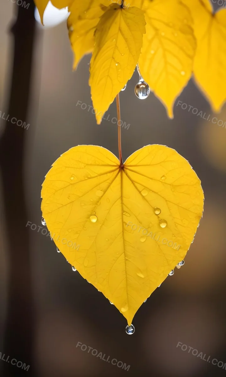 A Yellow Heart Shaped Leaf With Water Droplets On A Blurred Autumn Background 7 79ff