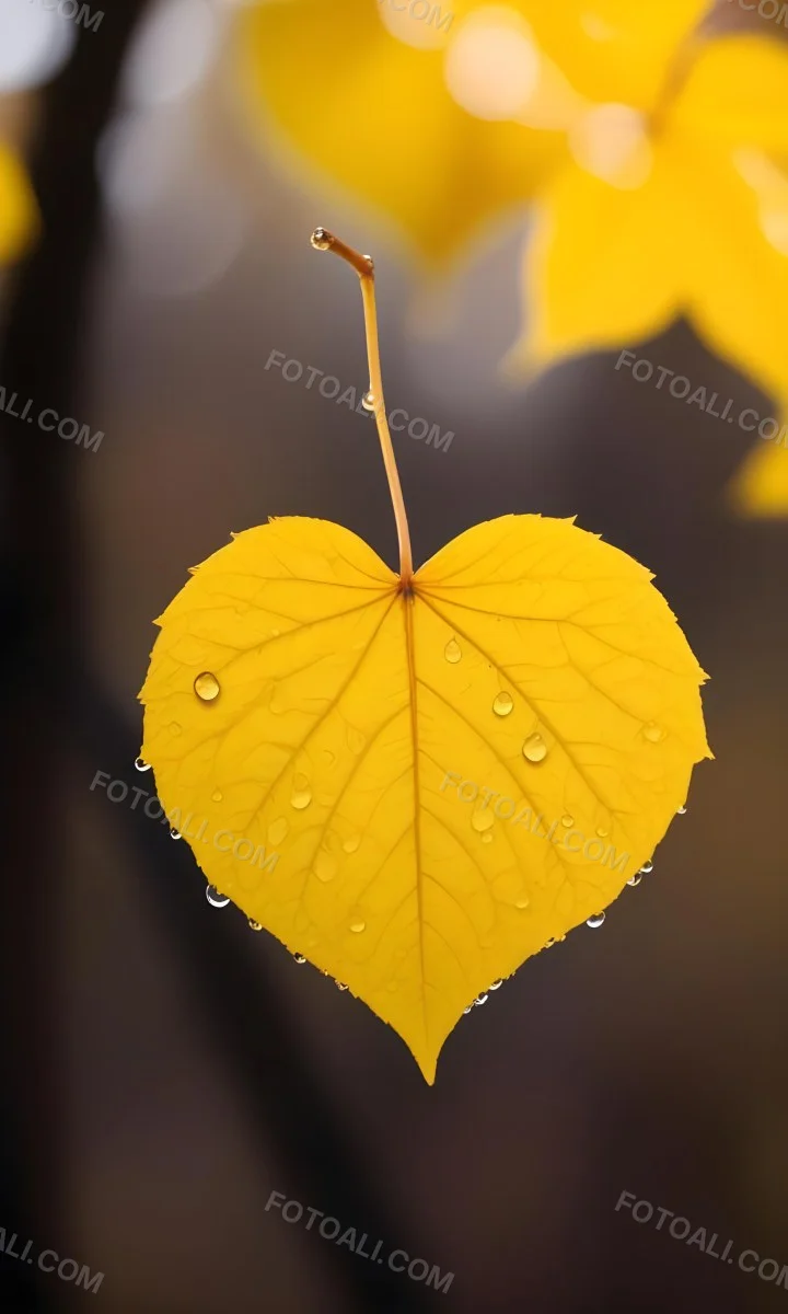 A Yellow Heart Shaped Leaf With Water Droplets On A Blurred Autumn Background 8 Aff8