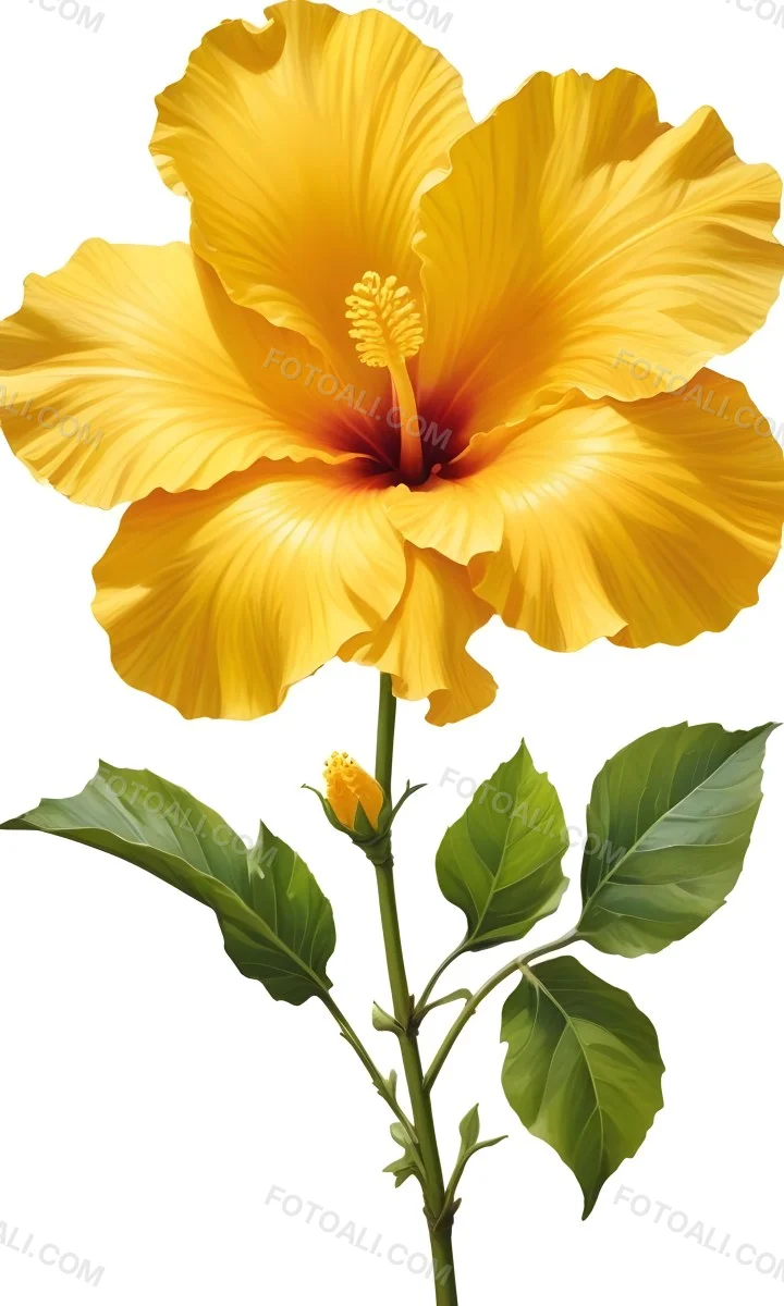 A Yellow Hibiscus Flower With Yellow Leaves And A Long Stem The Background Is Yellow The Flower Is In Full Bloom Detailed Petals 11 9fbc