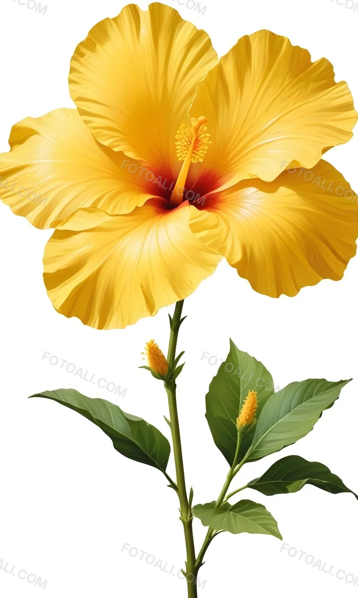 A Yellow Hibiscus Flower With Yellow Leaves And A Long Stem The Background Is Yellow The Flower Is In Full Bloom Detailed Petals 13 8c79