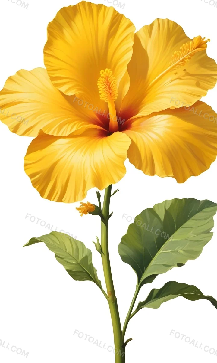 A Yellow Hibiscus Flower With Yellow Leaves And A Long Stem The Background Is Yellow The Flower Is In Full Bloom Detailed Petals 18 E3f9