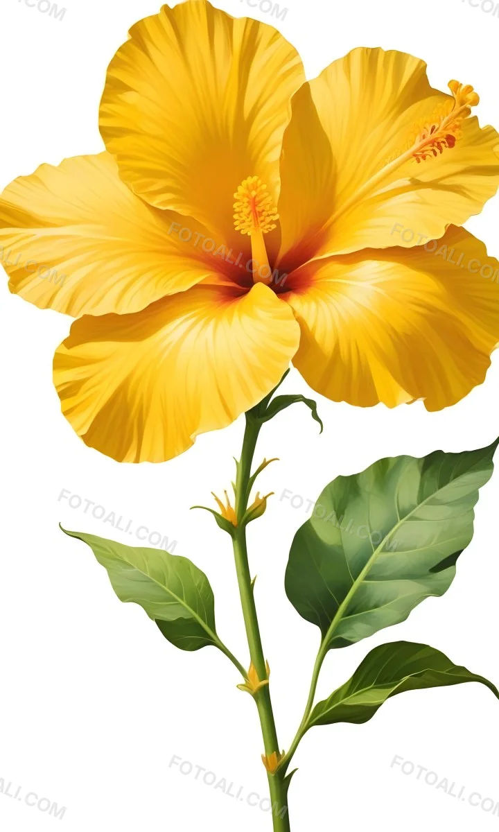 A Yellow Hibiscus Flower With Yellow Leaves And A Long Stem The Background Is Yellow The Flower Is In Full Bloom Detailed Petals 21 30d0