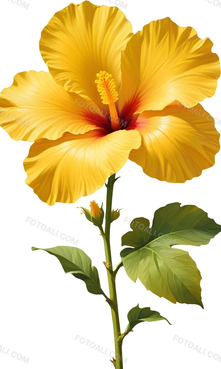 A Yellow Hibiscus Flower With Yellow Leaves And A Long Stem The Background Is Yellow The Flower Is In Full Bloom Detailed Petals 22 A737