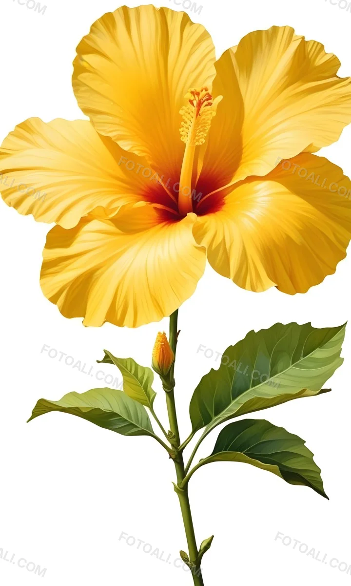 A Yellow Hibiscus Flower With Yellow Leaves And A Long Stem The Background Is Yellow The Flower Is In Full Bloom Detailed Petals 23 C2ec