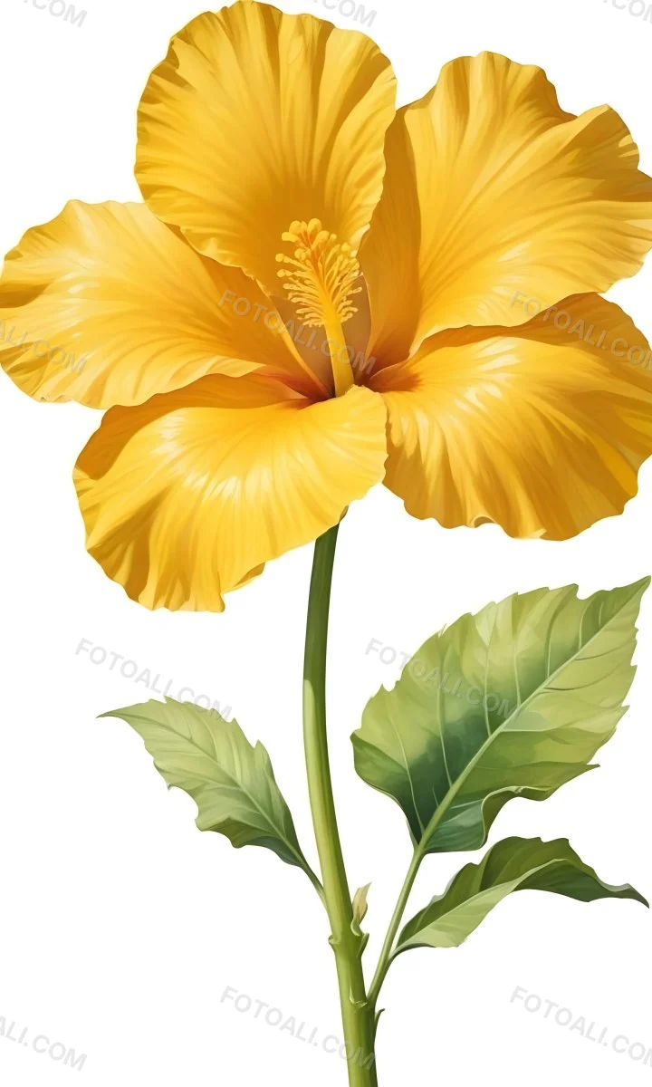 A Yellow Hibiscus Flower With Yellow Leaves And A Long Stem The Background Is Yellow The Flower Is In Full Bloom Detailed Petals 24 B3cb