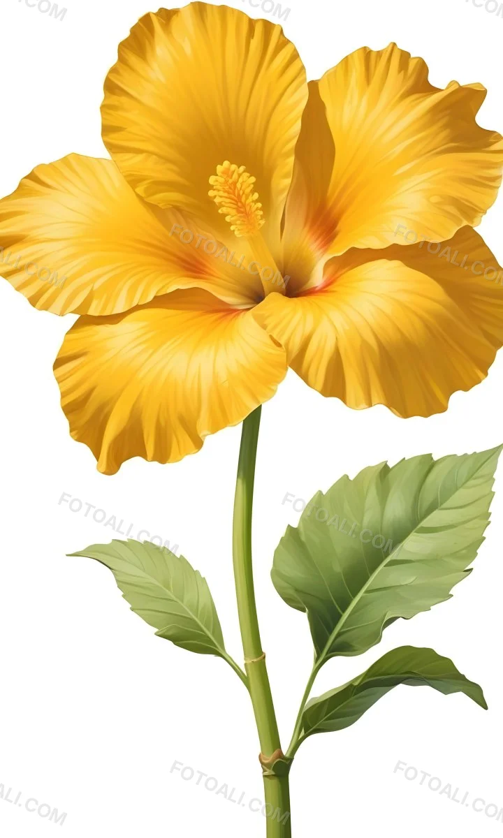 A Yellow Hibiscus Flower With Yellow Leaves And A Long Stem The Background Is Yellow The Flower Is In Full Bloom Detailed Petals 4 4ef5