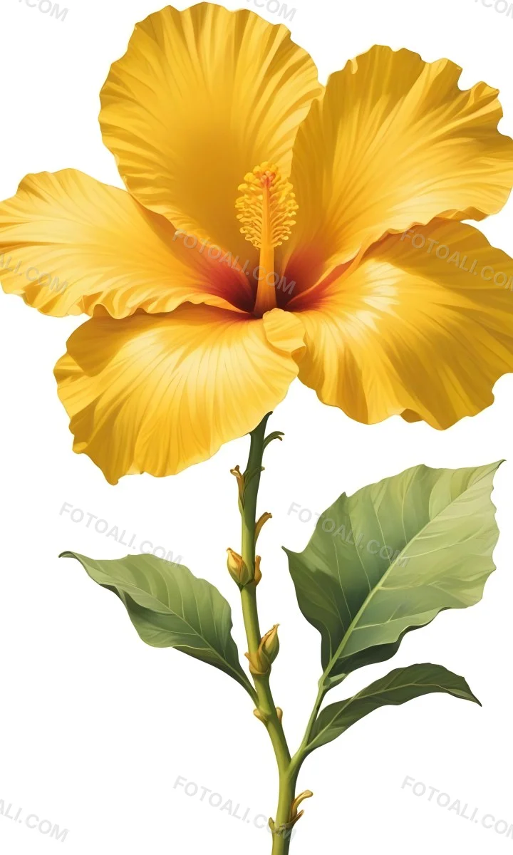 A Yellow Hibiscus Flower With Yellow Leaves And A Long Stem The Background Is Yellow The Flower Is In Full Bloom Detailed Petals 5 F5b4