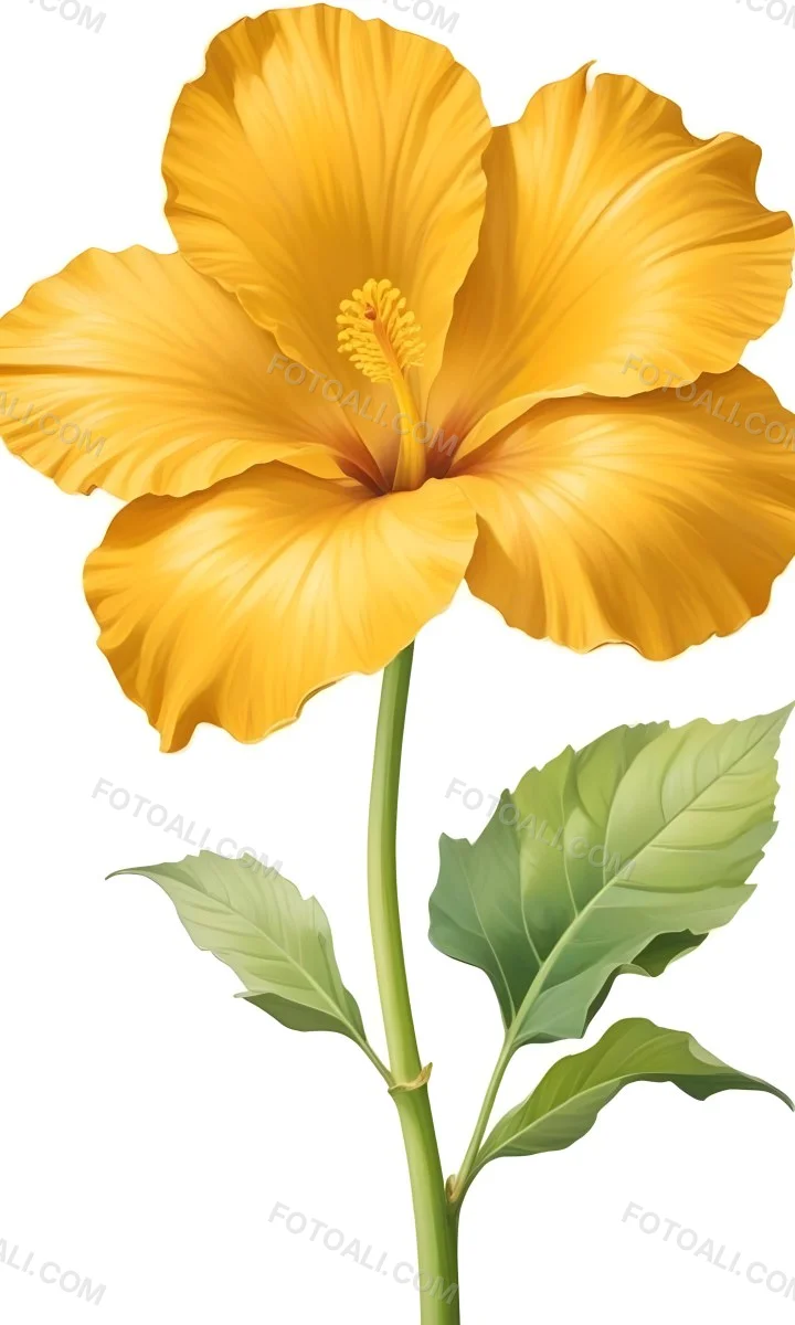 A Yellow Hibiscus Flower With Yellow Leaves And A Long Stem The Background Is Yellow The Flower Is In Full Bloom Detailed Petals 8 86c9