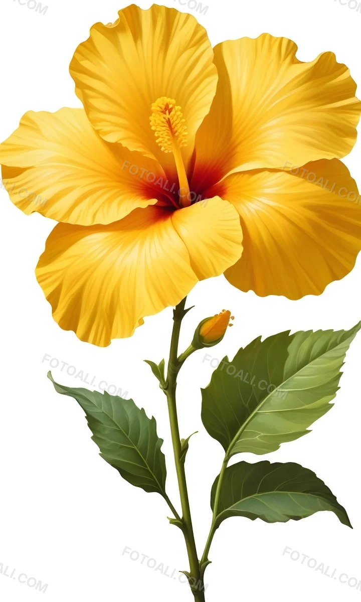 A Yellow Hibiscus Flower With Yellow Leaves And A Long Stem The Background Is Yellow The Flower Is In Full Bloom Detailed Petals 9 6273