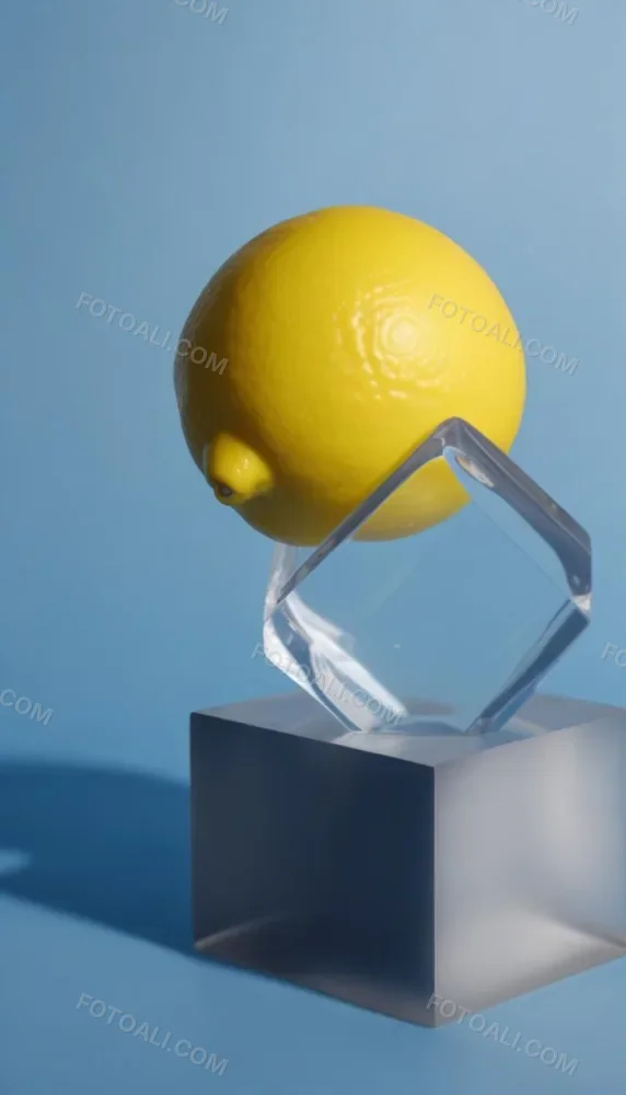 A Yellow Lemon On A Clear Glass Cube Against A Blue Background 3 1fc9