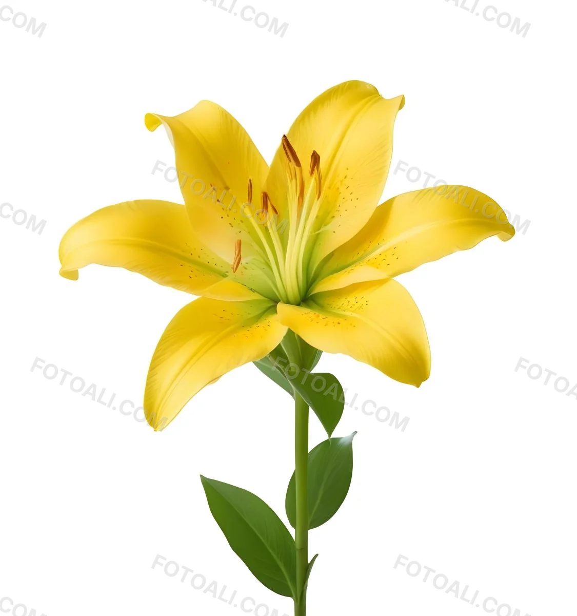 A Yellow Lily Flower With Six Petals White Spots Yellow Stem And Leaves Isolated On A Yellow Background 11 9f89