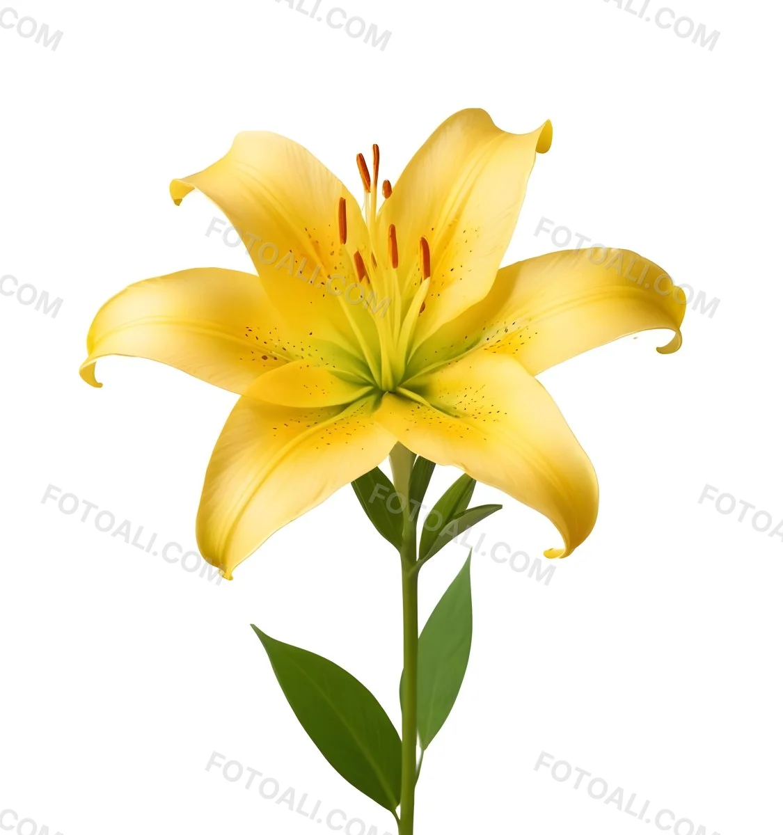 A Yellow Lily Flower With Six Petals White Spots Yellow Stem And Leaves Isolated On A Yellow Background 14 47d8