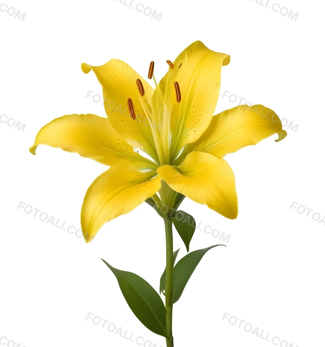 A Yellow Lily Flower With Six Petals White Spots Yellow Stem And Leaves Isolated On A Yellow Background 2 2d5e