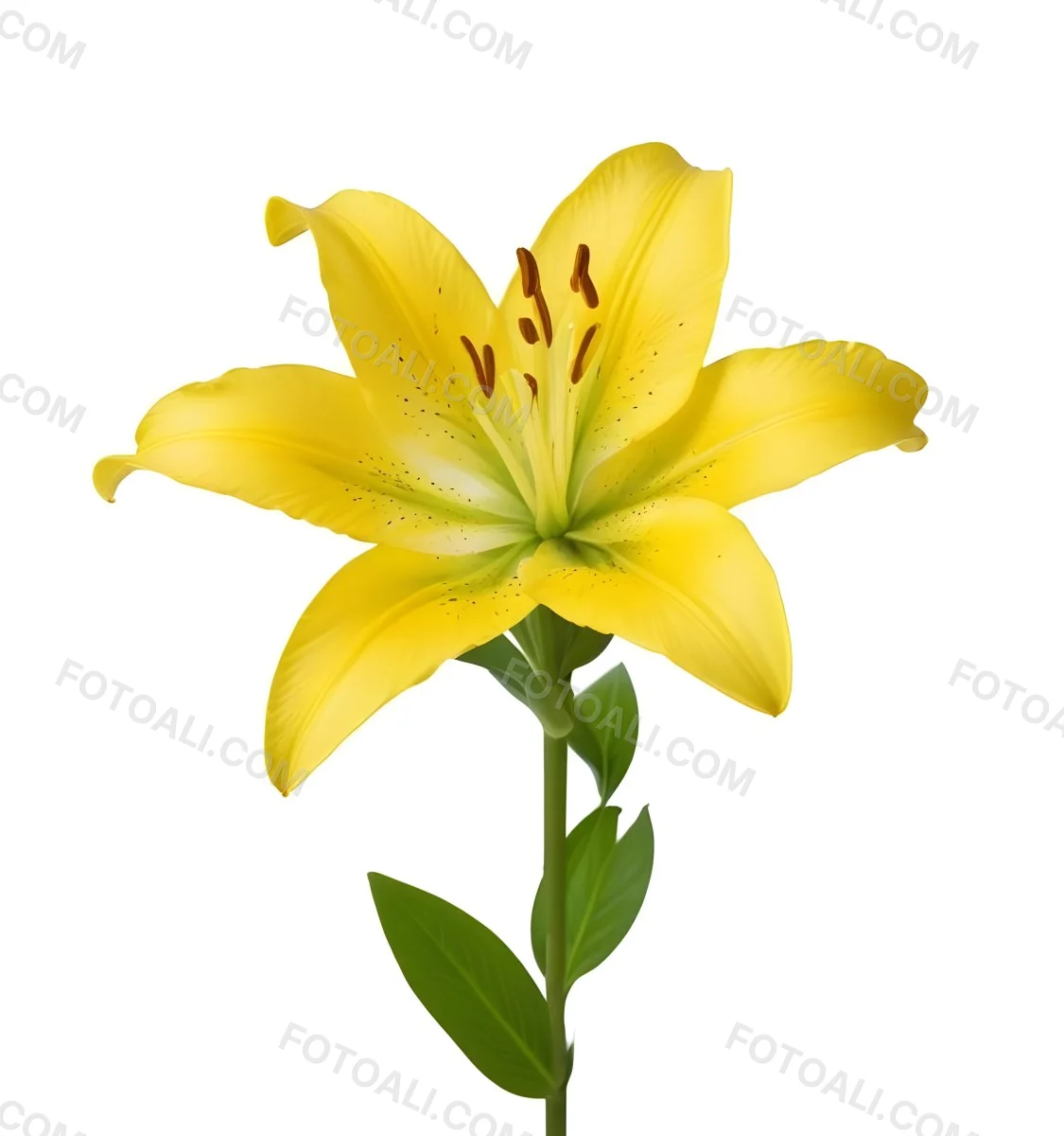 A Yellow Lily Flower With Six Petals White Spots Yellow Stem And Leaves Isolated On A Yellow Background 27 6a5c