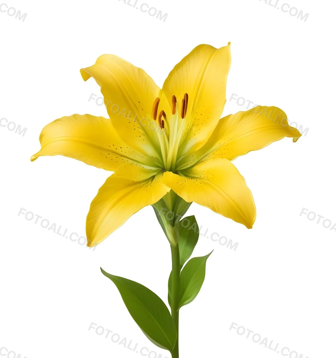 A Yellow Lily Flower With Six Petals White Spots Yellow Stem And Leaves Isolated On A Yellow Background 28 6935