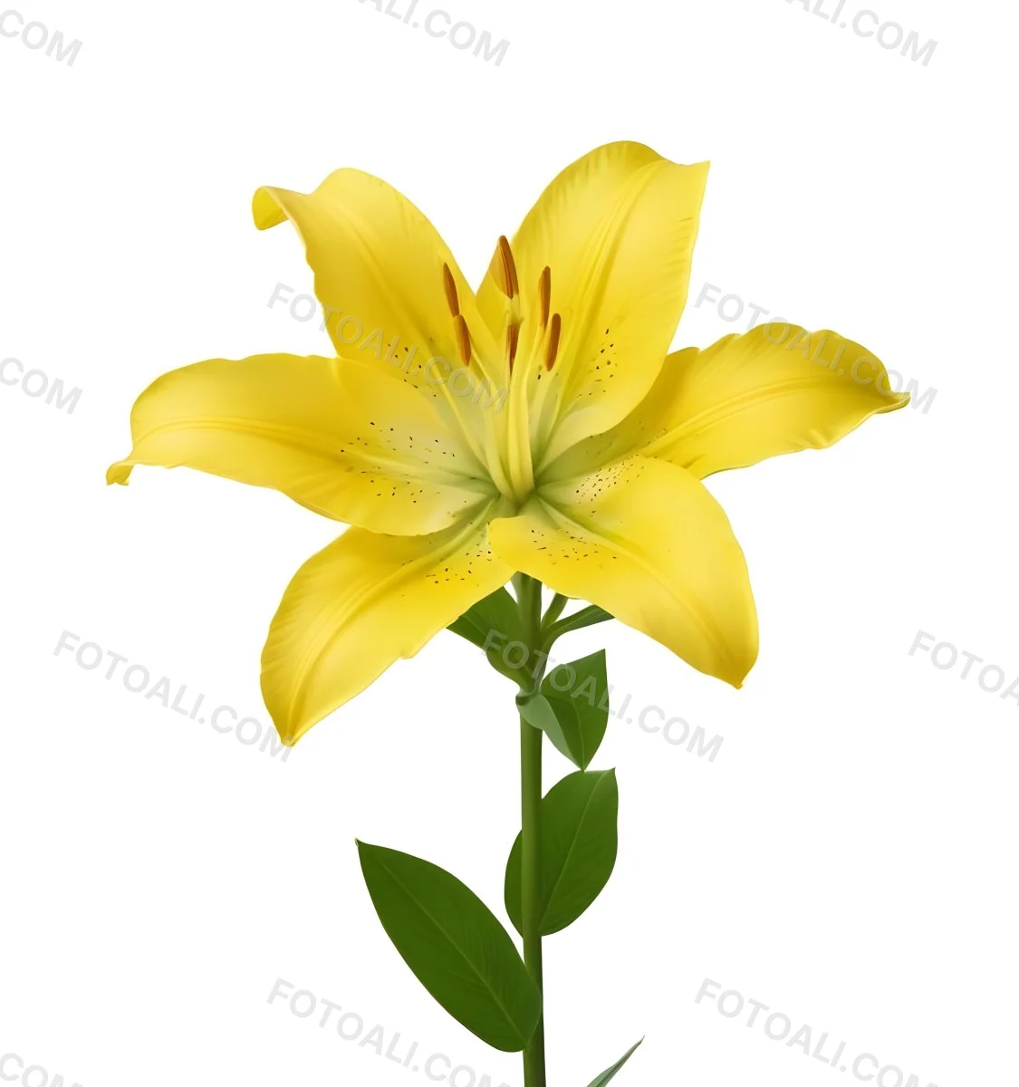 A Yellow Lily Flower With Six Petals White Spots Yellow Stem And Leaves Isolated On A Yellow Background 32 825f