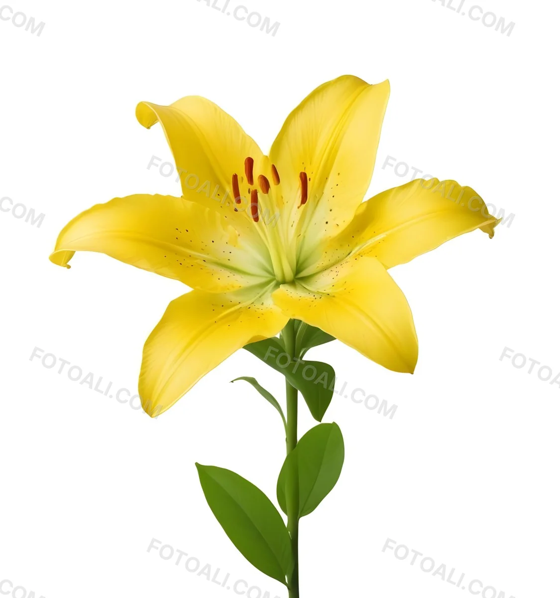 A Yellow Lily Flower With Six Petals White Spots Yellow Stem And Leaves Isolated On A Yellow Background 36 Fe52