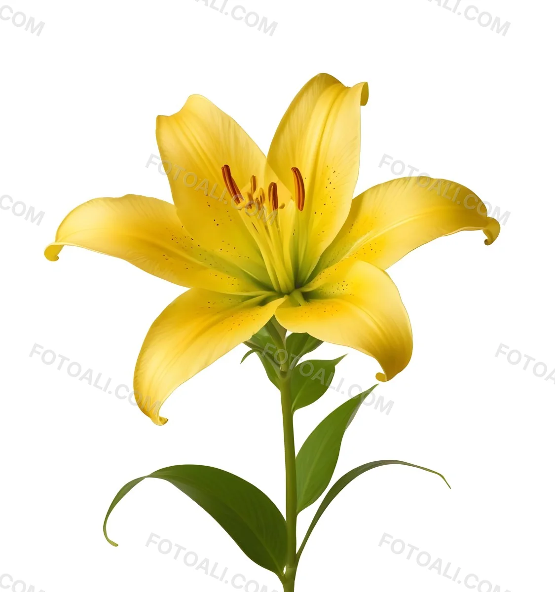 A Yellow Lily Flower With Six Petals White Spots Yellow Stem And Leaves Isolated On A Yellow Background 37 Ec5e