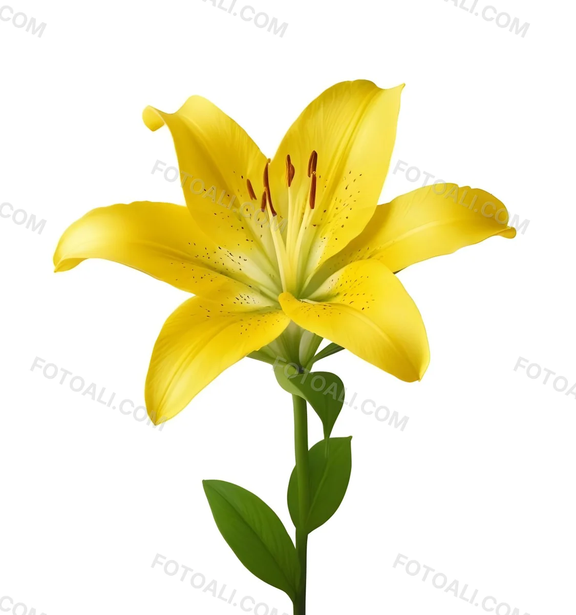 A Yellow Lily Flower With Six Petals White Spots Yellow Stem And Leaves Isolated On A Yellow Background 7 4298