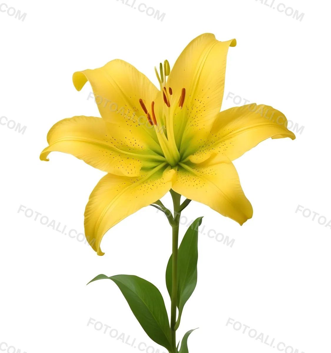 A Yellow Lily Flower With Six Petals White Spots Yellow Stem And Leaves Isolated On A Yellow Background 8 E551
