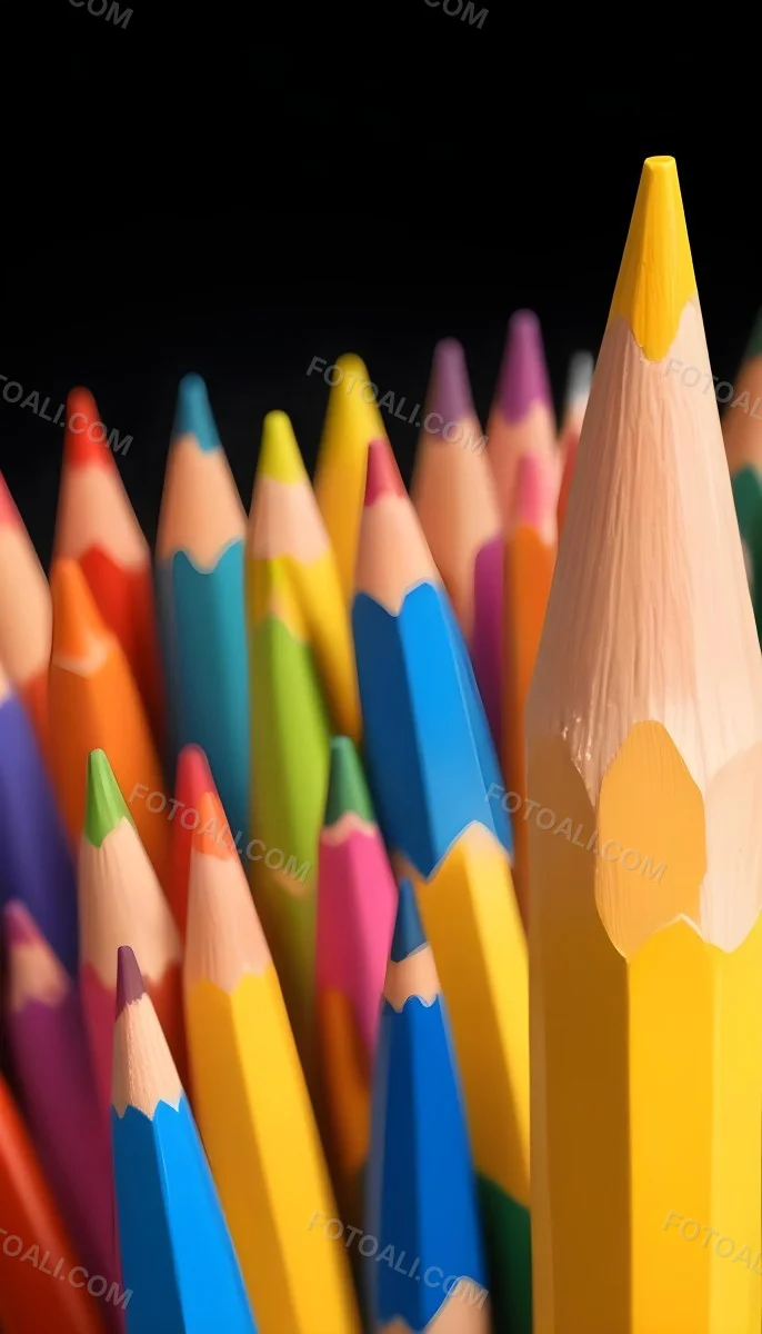 A Yellow Pencil In The Foreground With A Sharp Point And Many Colored Pencils In The Background Out Of Focus In A Dark Environment 13 Ad56
