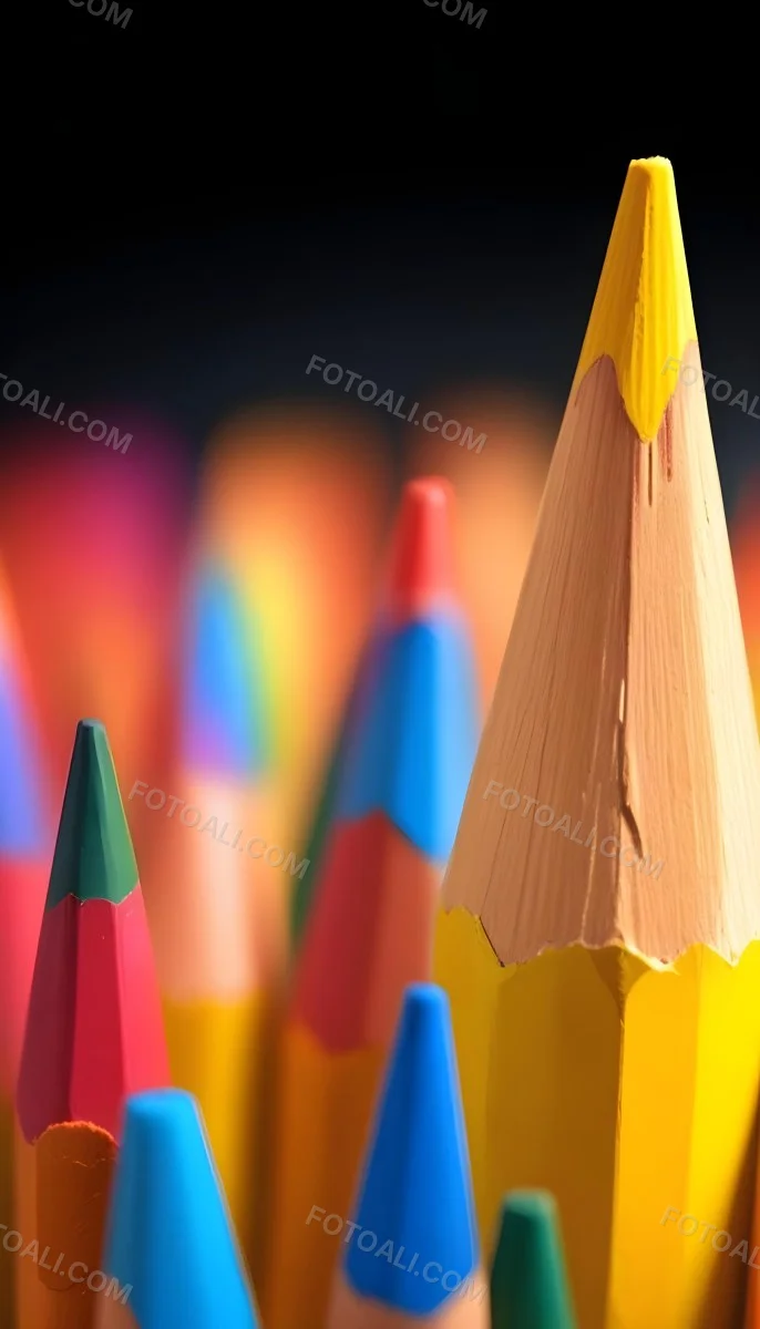A Yellow Pencil In The Foreground With A Sharp Point And Many Colored Pencils In The Background Out Of Focus In A Dark Environment 16 19fc