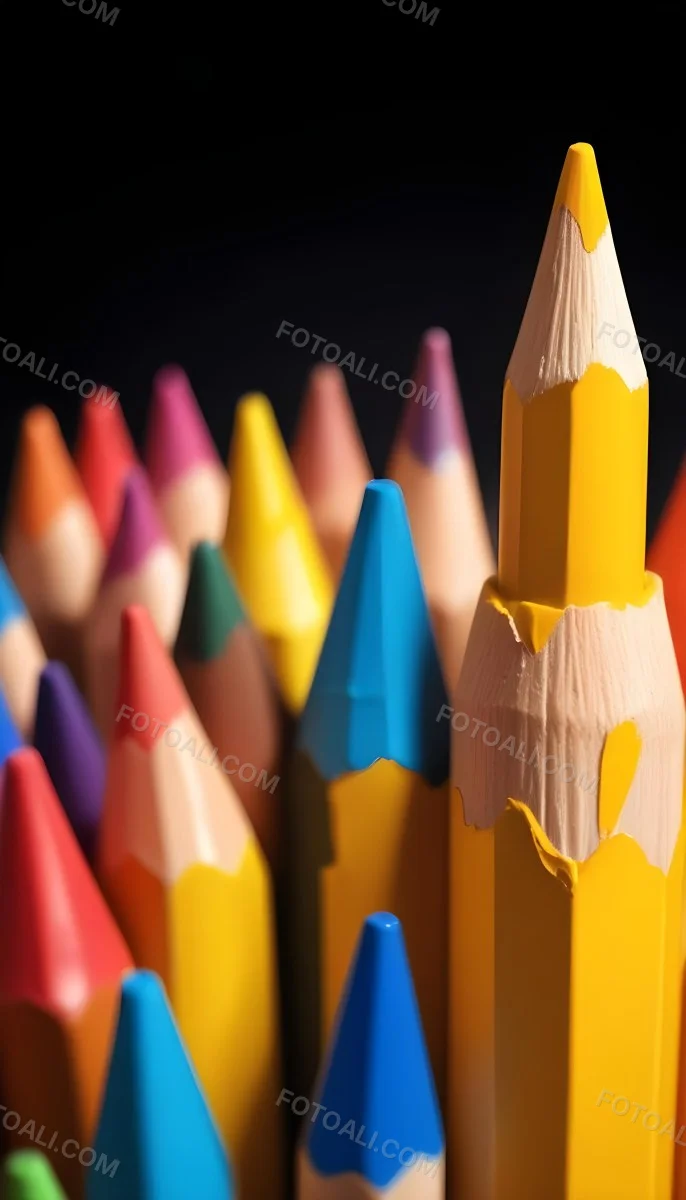 A Yellow Pencil In The Foreground With A Sharp Point And Many Colored Pencils In The Background Out Of Focus In A Dark Environment 17 F135