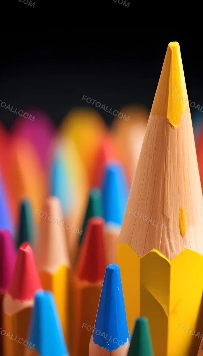 A Yellow Pencil In The Foreground With A Sharp Point And Many Colored Pencils In The Background Out Of Focus In A Dark Environment 4 301d