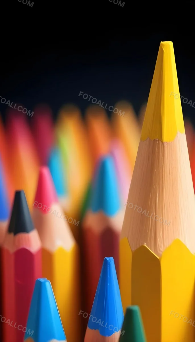 A Yellow Pencil In The Foreground With A Sharp Point And Many Colored Pencils In The Background Out Of Focus In A Dark Environment 9 Fb31