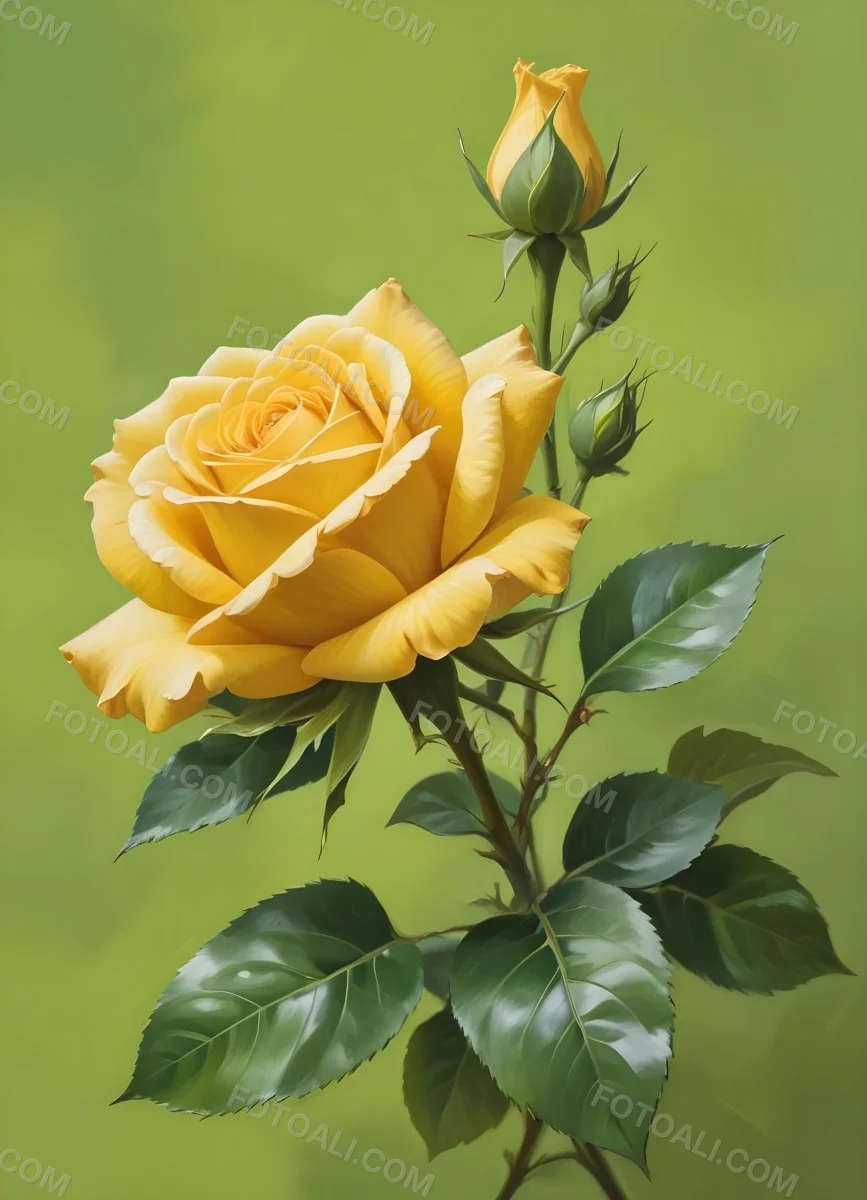 A Yellow Rose In Bloom With Green Leaves Against A Blurred Green Background 1 5045