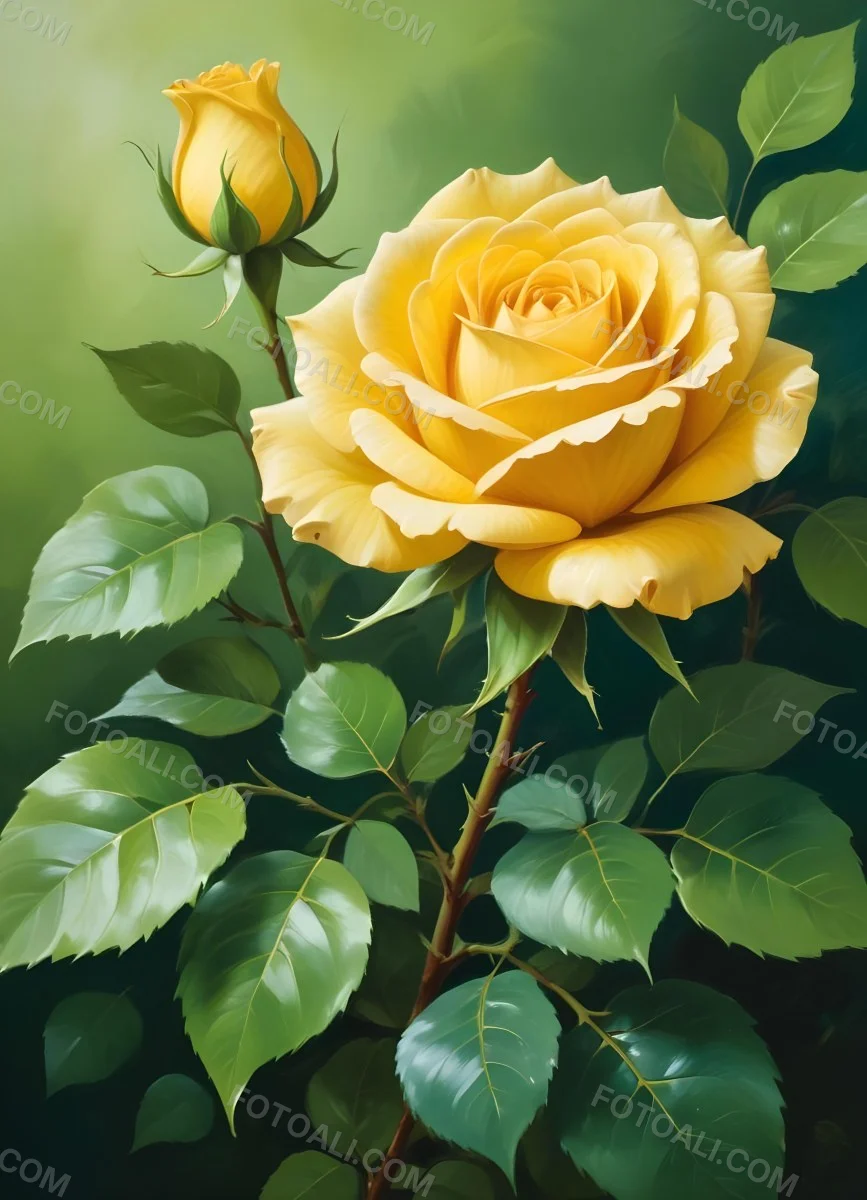 A Yellow Rose In Bloom With Green Leaves Against A Blurred Green Background 10 4f1e