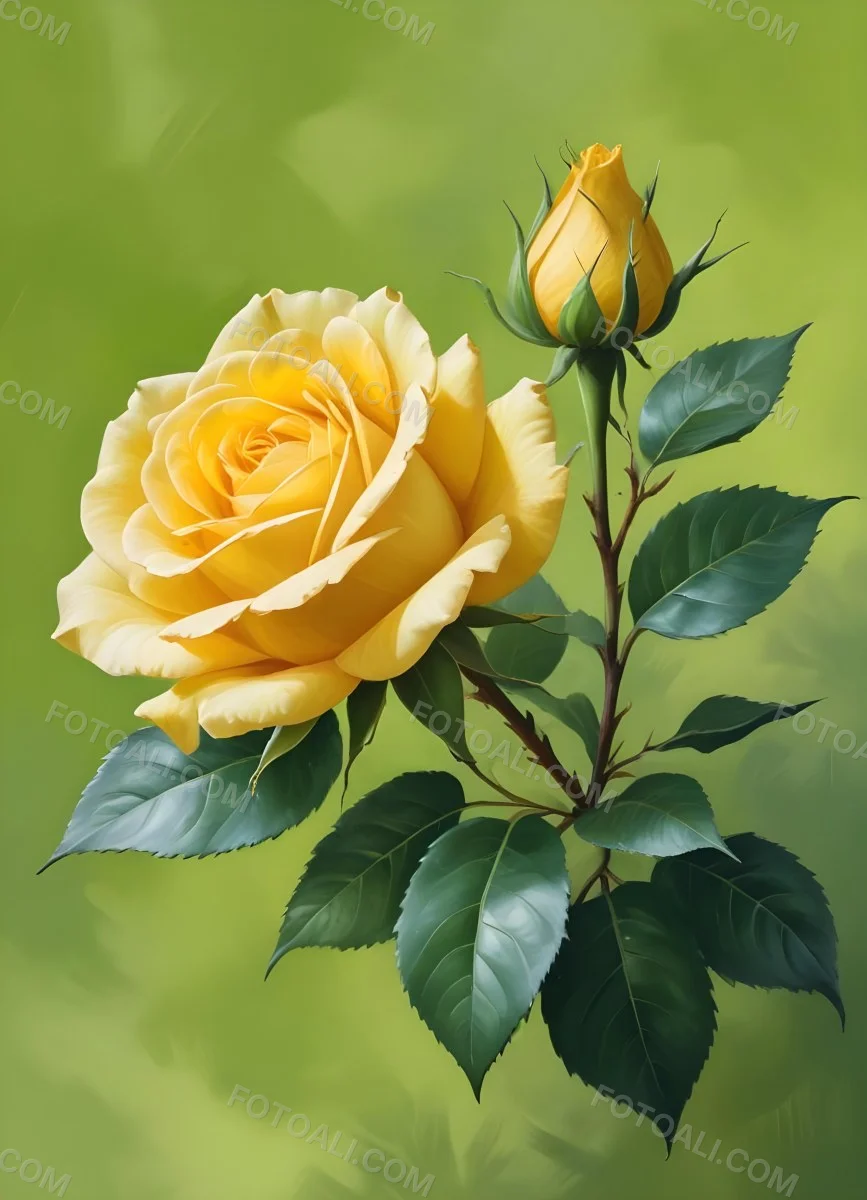 A Yellow Rose In Bloom With Green Leaves Against A Blurred Green Background 12 E48f