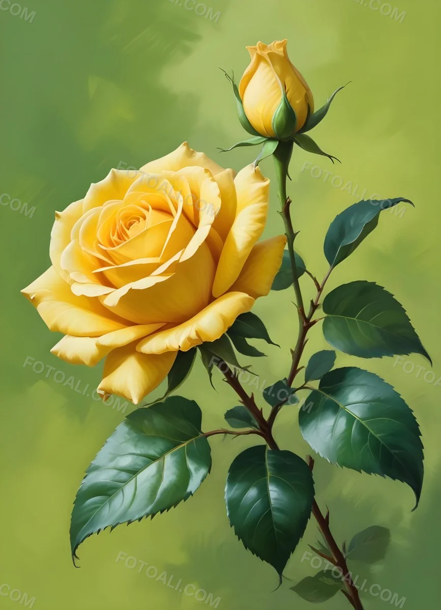 A Yellow Rose In Bloom With Green Leaves Against A Blurred Green Background 13 26f8