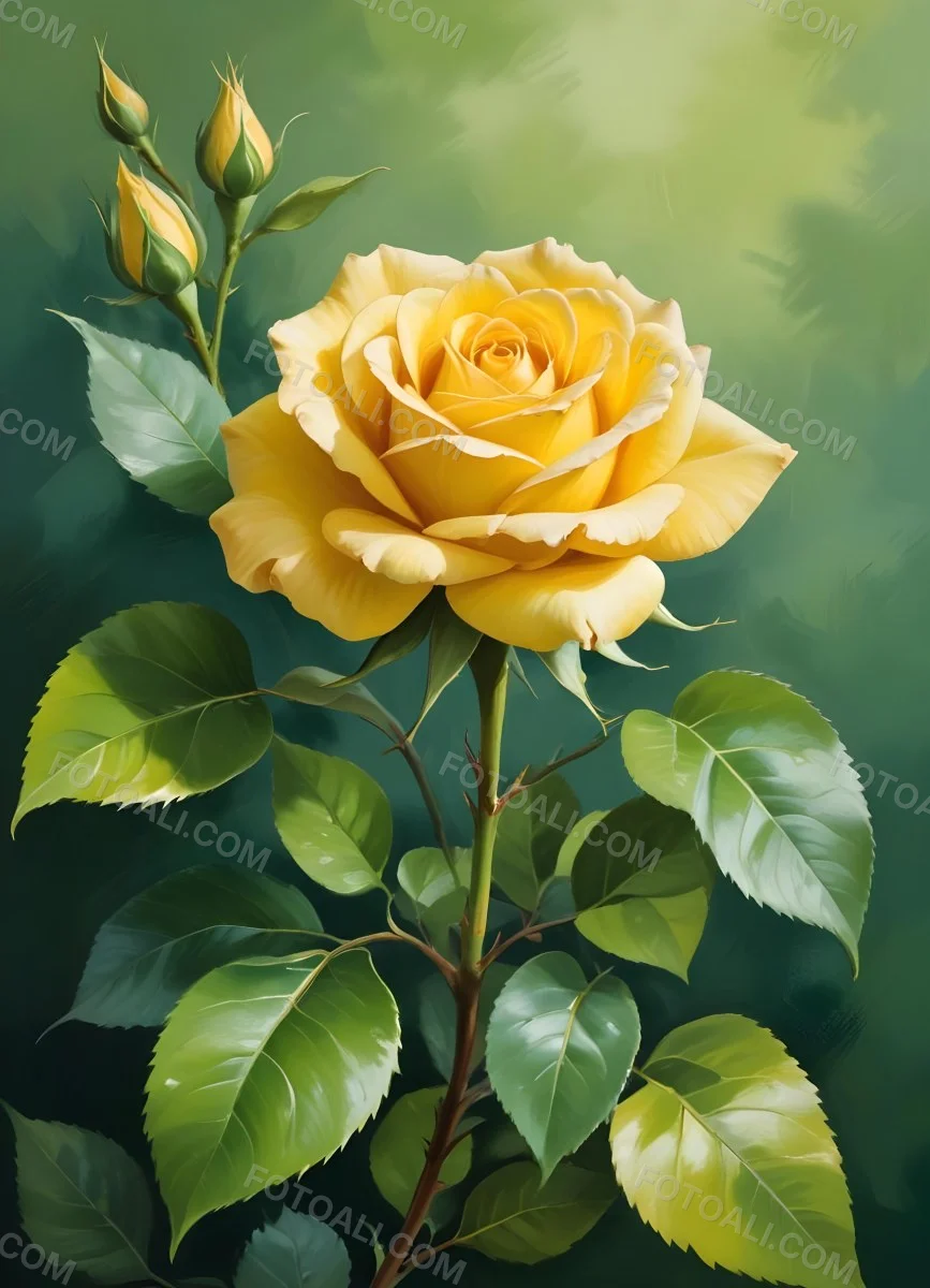 A Yellow Rose In Bloom With Green Leaves Against A Blurred Green Background 19 B490