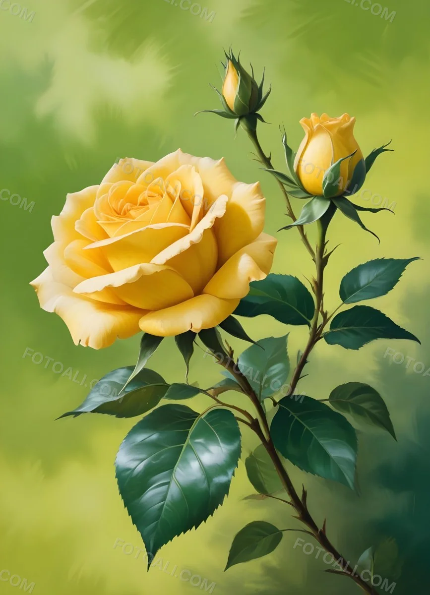 A Yellow Rose In Bloom With Green Leaves Against A Blurred Green Background 2 5455