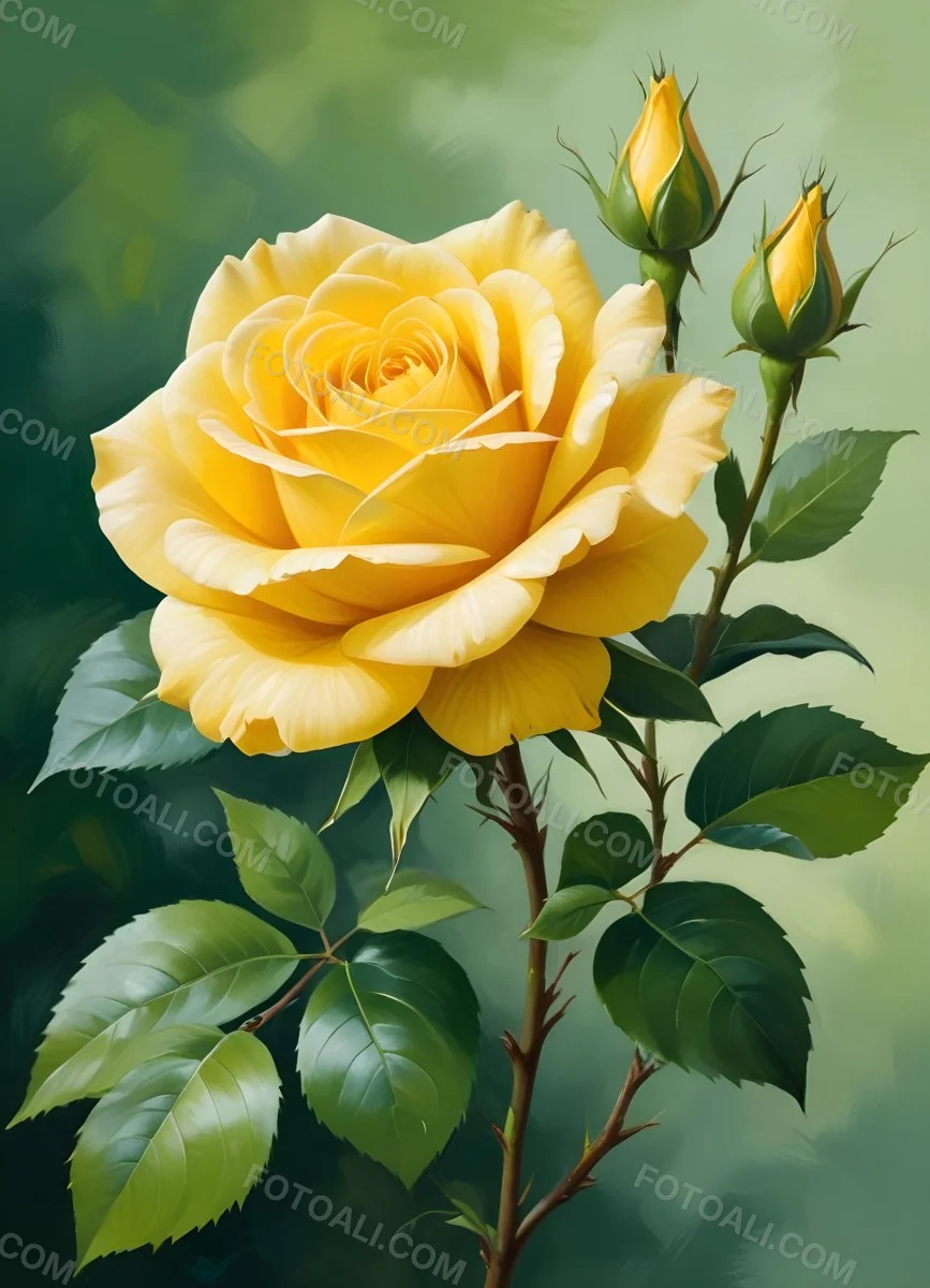 A Yellow Rose In Bloom With Green Leaves Against A Blurred Green Background 20 2bf6